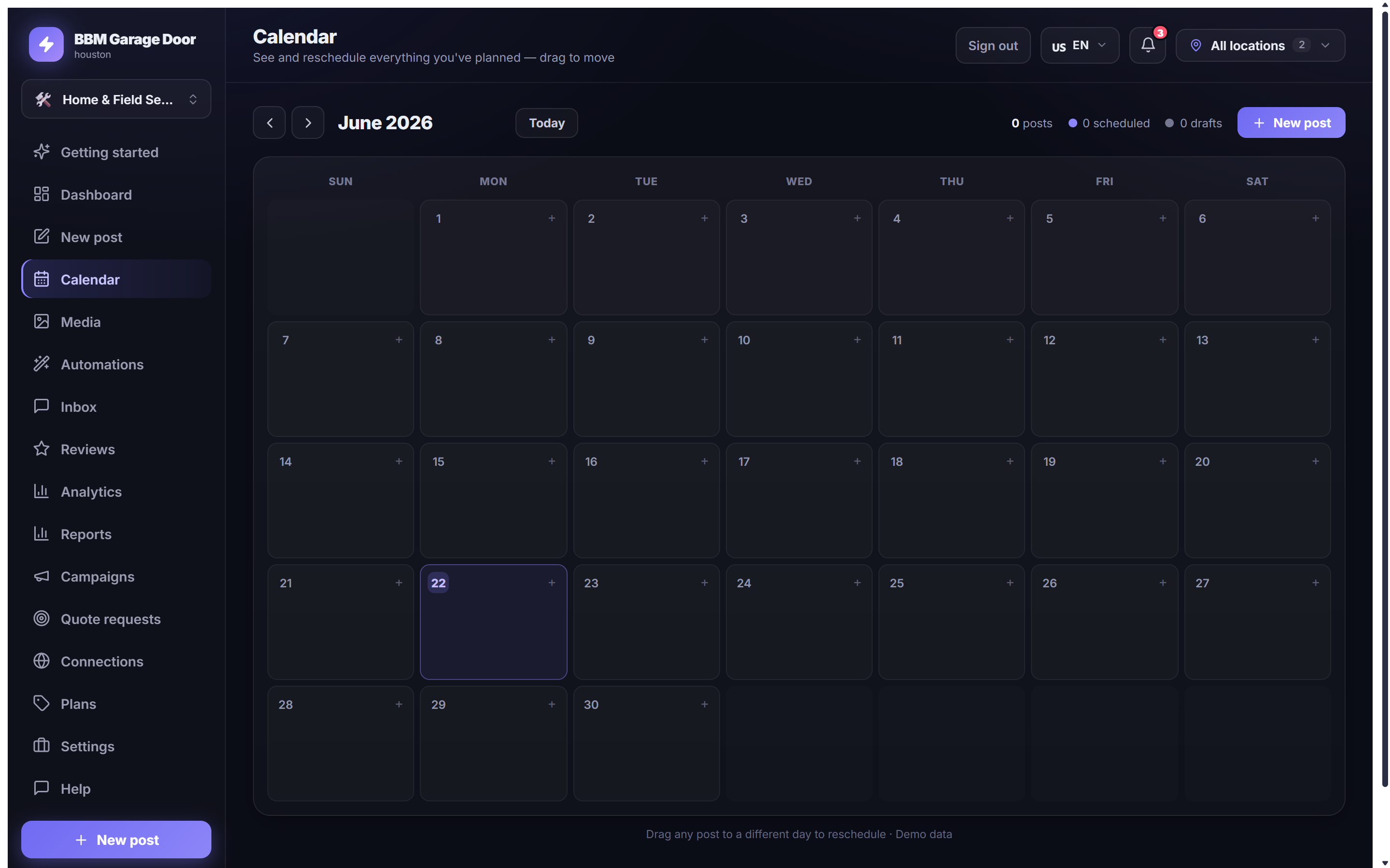 PostDwell content calendar — see and reschedule everything across every network