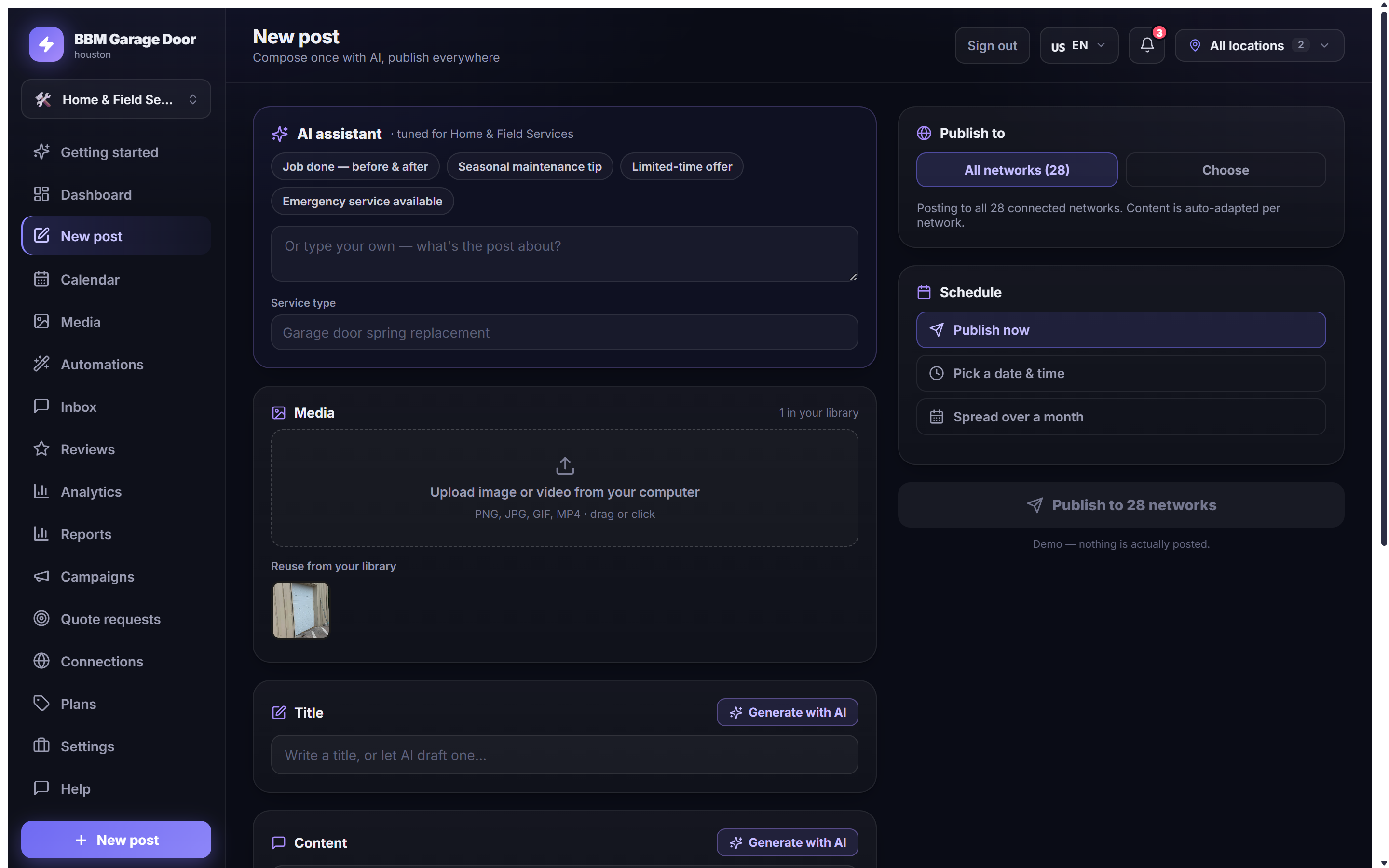 PostDwell composer — write once with AI and publish to every connected network