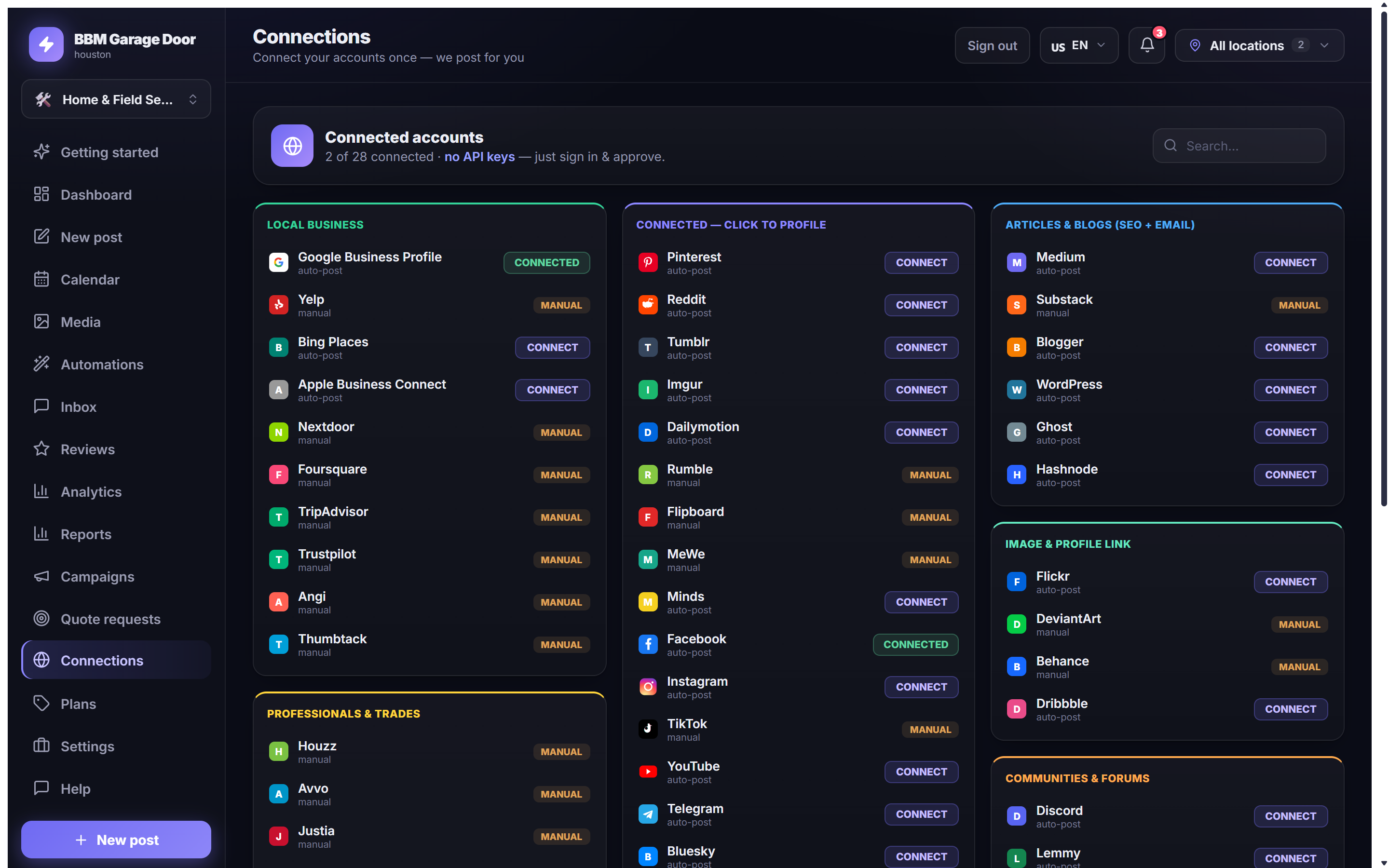 PostDwell connections — link your accounts once, post on your behalf securely